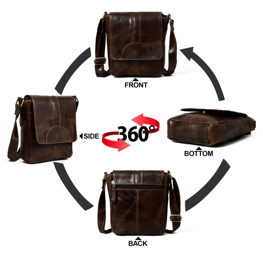 Brown leather messenger bag shown from front, side, back, and bottom angles