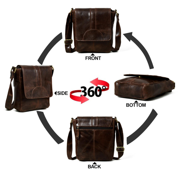Brown leather messenger bag shown from front, side, back, and bottom angles