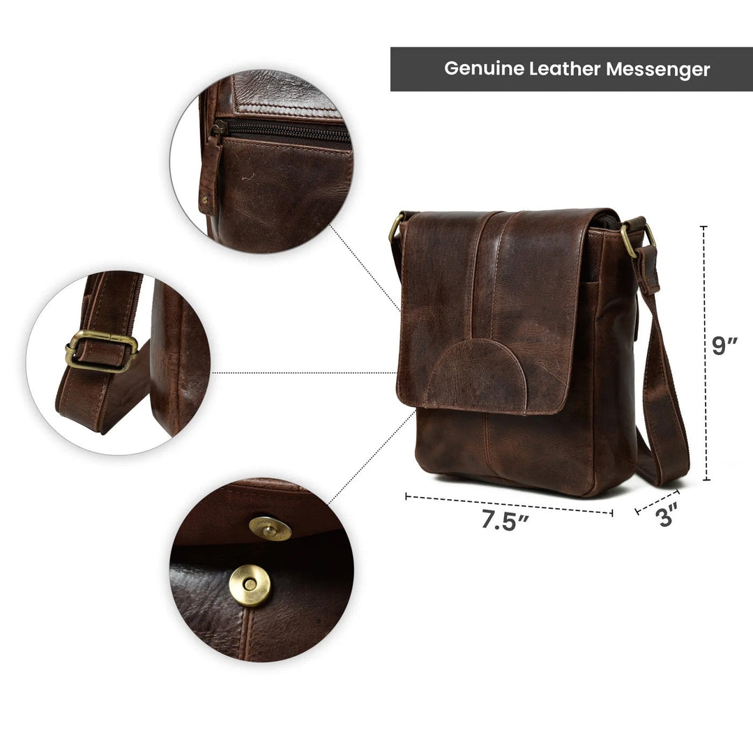 Brown leather messenger bag with flap front and brass-tone buckles on shoulder strap