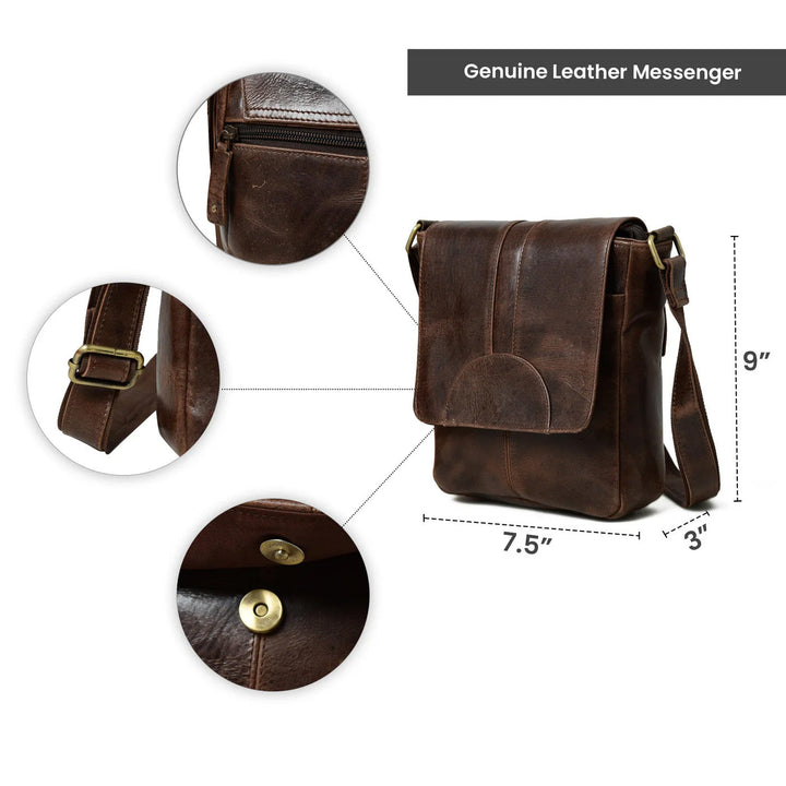 Brown leather messenger bag with flap front and brass-tone buckles on shoulder strap