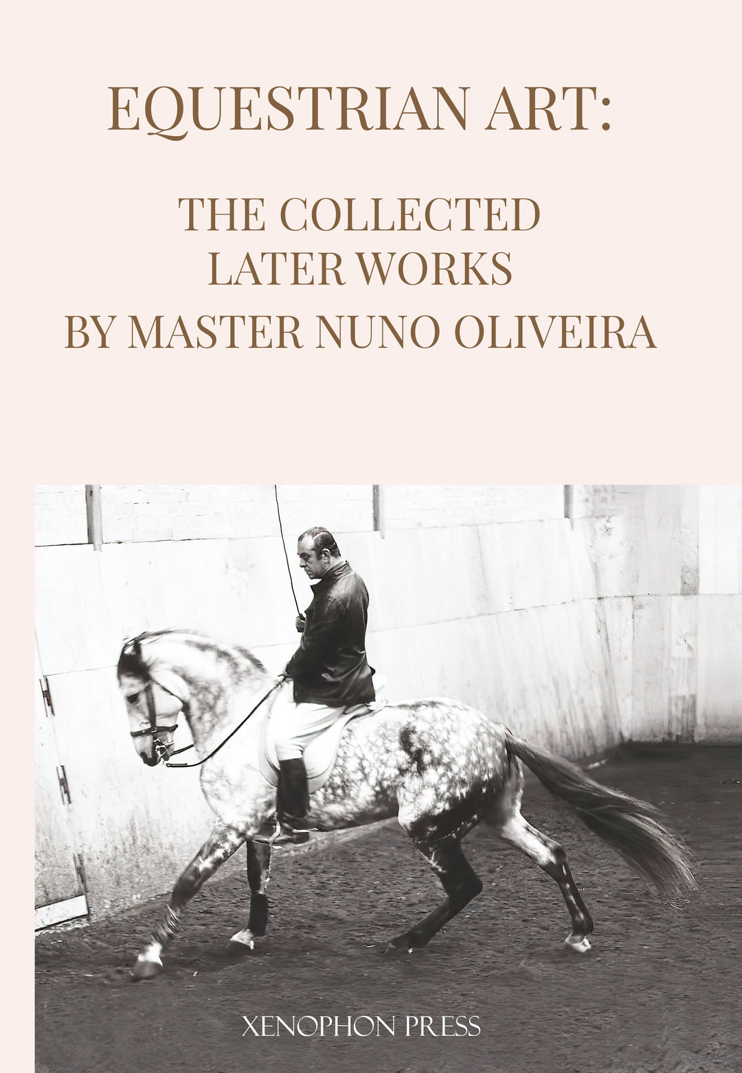 Equestrian art book cover on light pink background with rider on speckled horse.