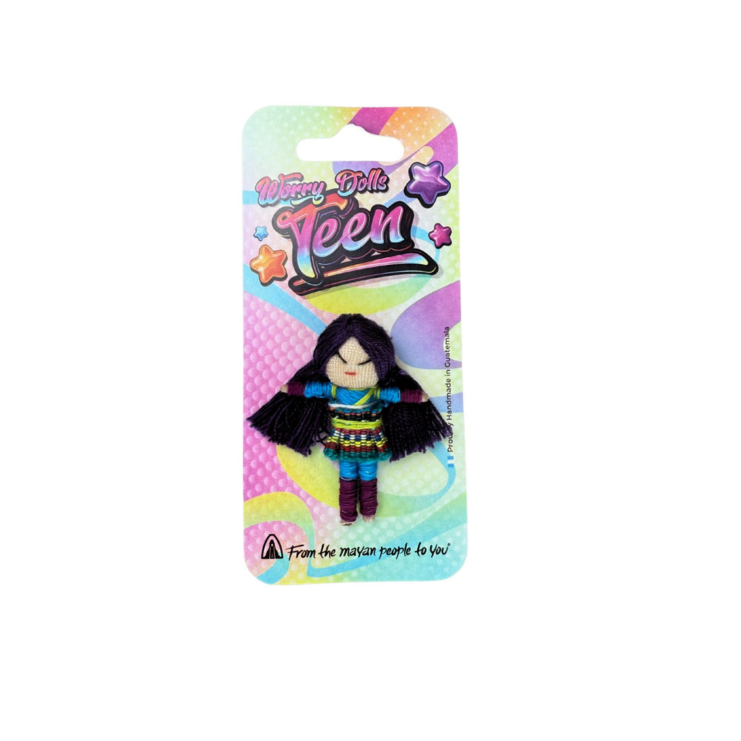 Teen worry doll with black yarn hair, patterned outfit, on blister card