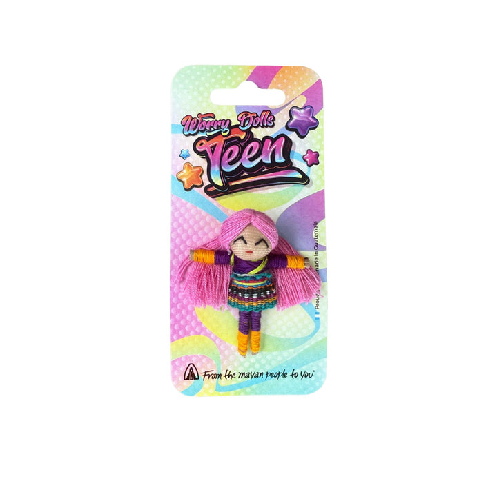 Teen worry doll with pink yarn hair, patterned outfit, on blister card