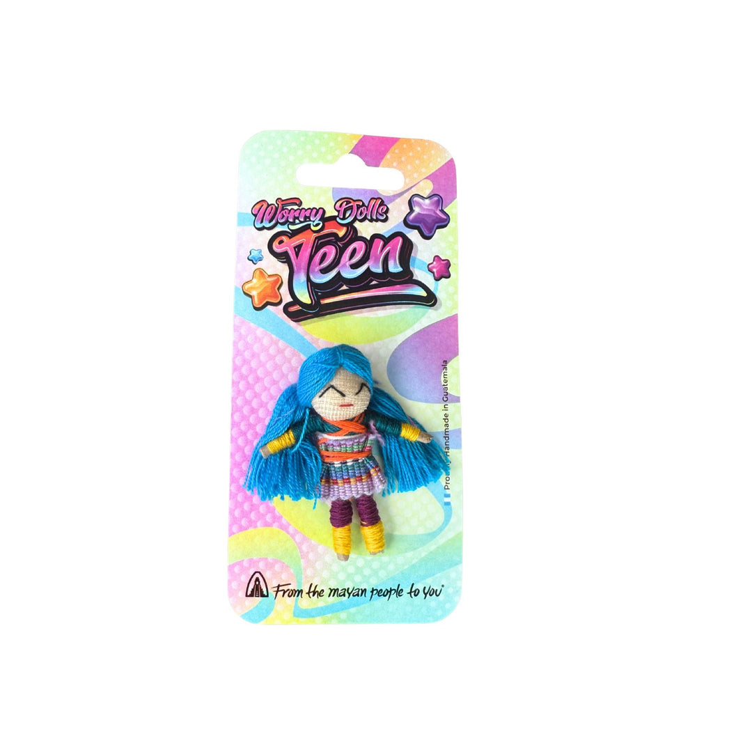 Display with four teen worry doll blister cards on a cardboard stand