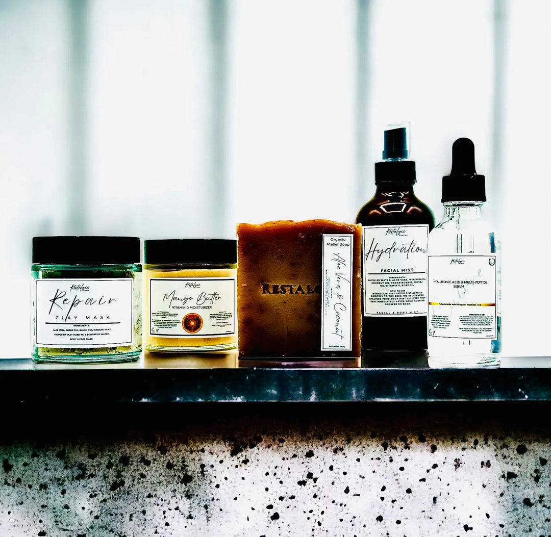 Skincare treatment kit set with serum bottles and jars