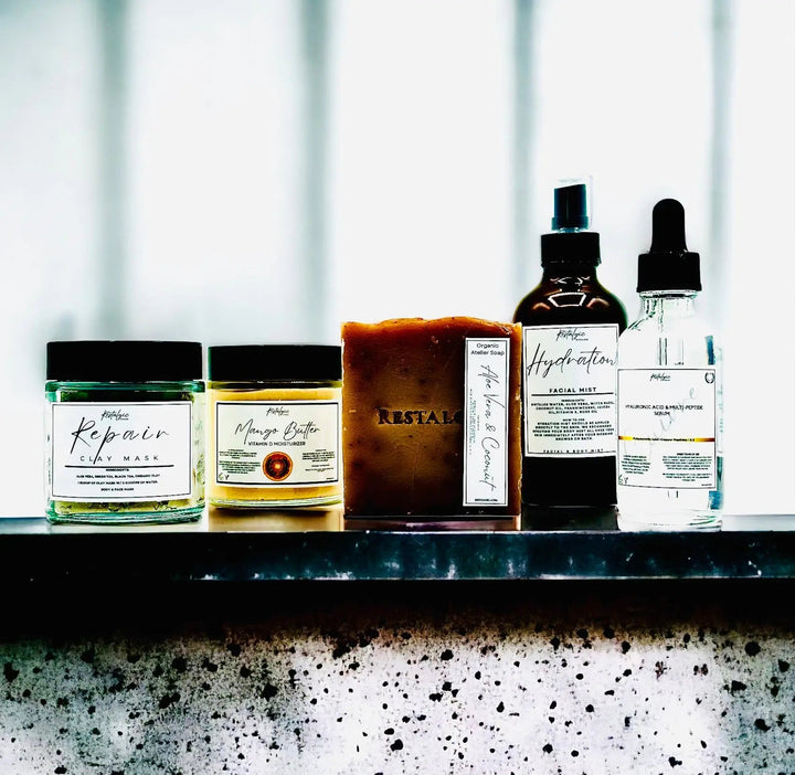 Skincare treatment kit set with serum bottles and jars