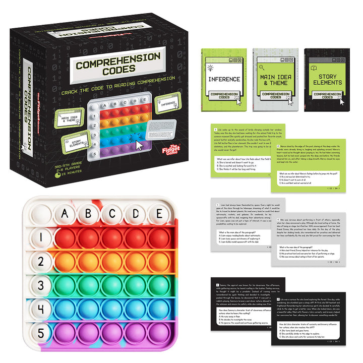 Comprehension card game set with fidget pop mat, cards, and instruction sheets
