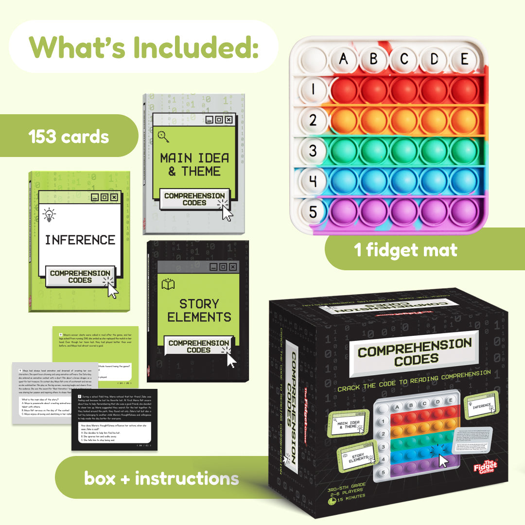 Set includes 153 learning cards, 1 fidget pop mat, box and instruction booklet