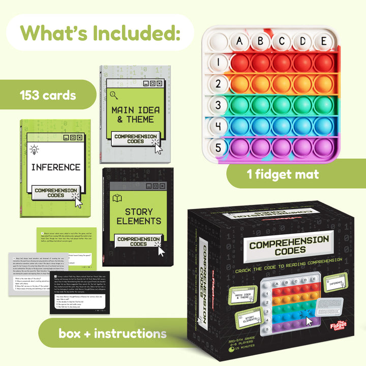 Set includes 153 learning cards, 1 fidget pop mat, box and instruction booklet