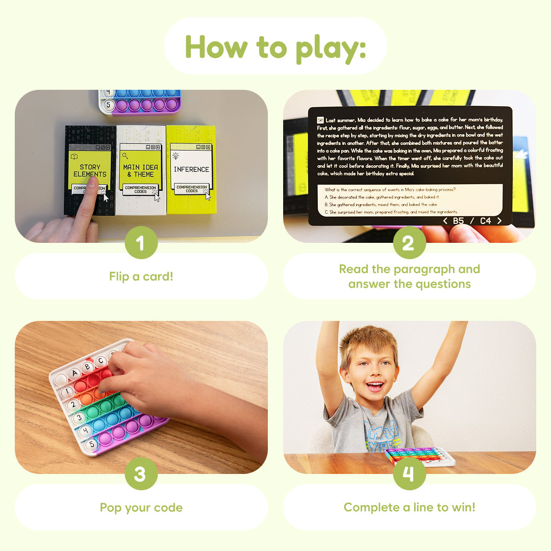 How-to cards: flip cards, read prompts, and complete a winning line