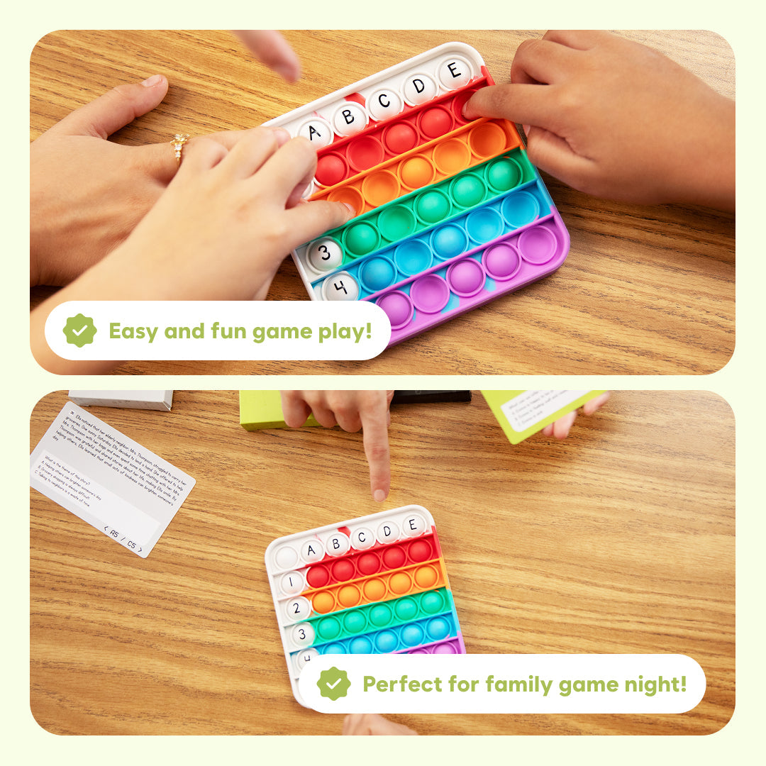 Child hands using rainbow fidget pop mat with ABCDE and numbered bubbles