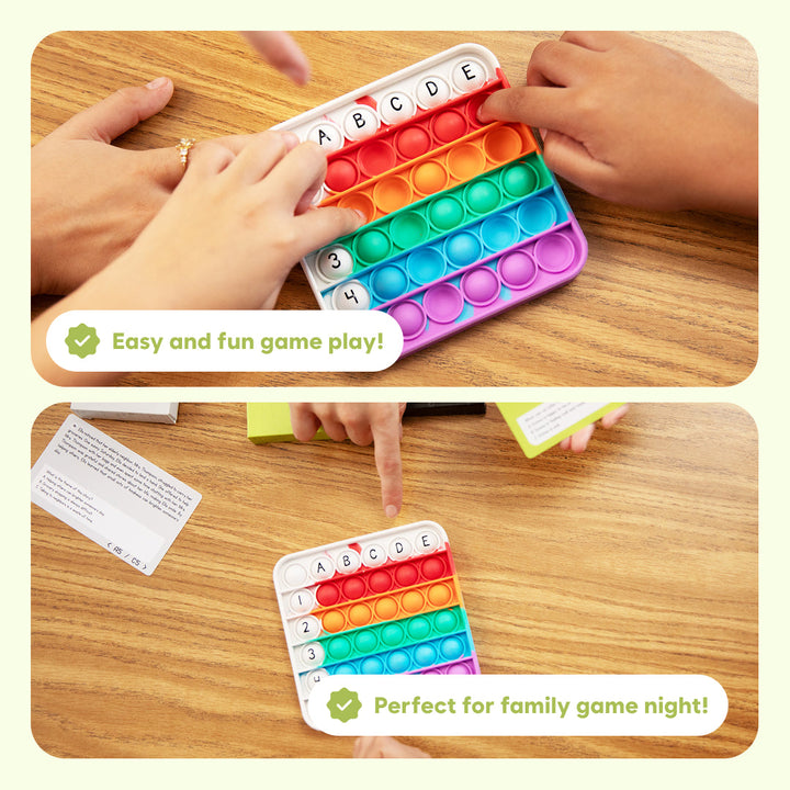 Child hands using rainbow fidget pop mat with ABCDE and numbered bubbles