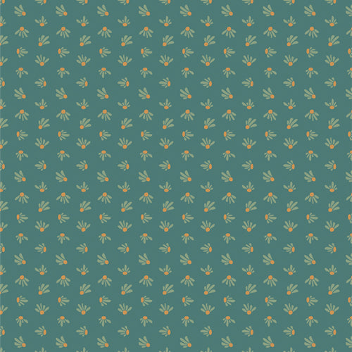 Bowl cover set fabric with small daisy-like blossoms on teal background.