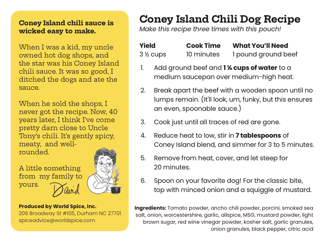 Coney Island Hot Dog Blend label with chili dog recipe and directions text