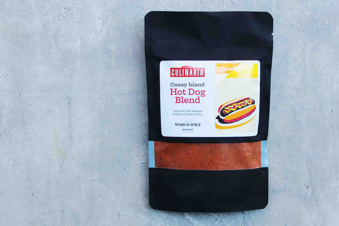 Culinaria Hot Dog Blend spice pouch with Coney Island label on a flat surface