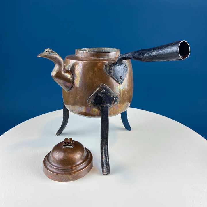 Large Hand‑Pounded Turkish Copper Teapot with Hinged Spout Cover