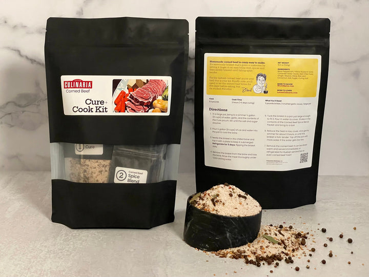Corned beef cure kit pouches with cured corned beef round and peppercorns