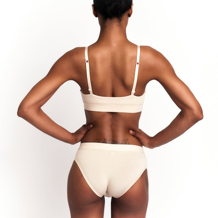 Mid-rise back briefs in latte with full-coverage rear and smooth elastic waistband