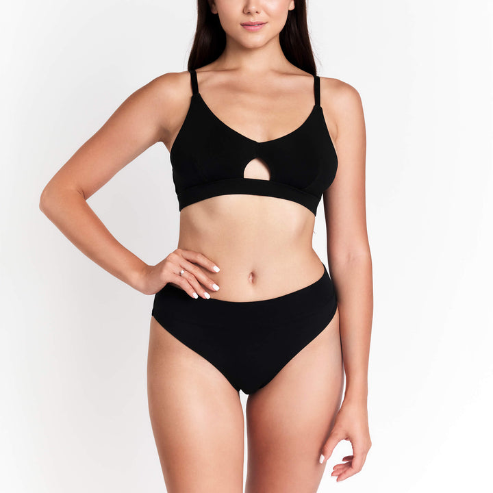 Black high-rise tanga underwear with cheeky cut, front view and narrow waistband