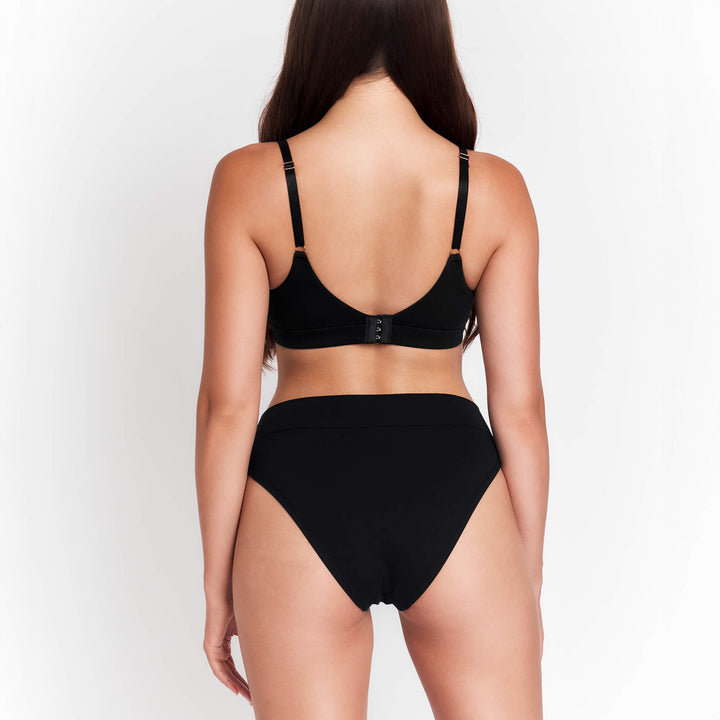 Black high-rise tanga underwear, back view with cheeky coverage and double-row stitching