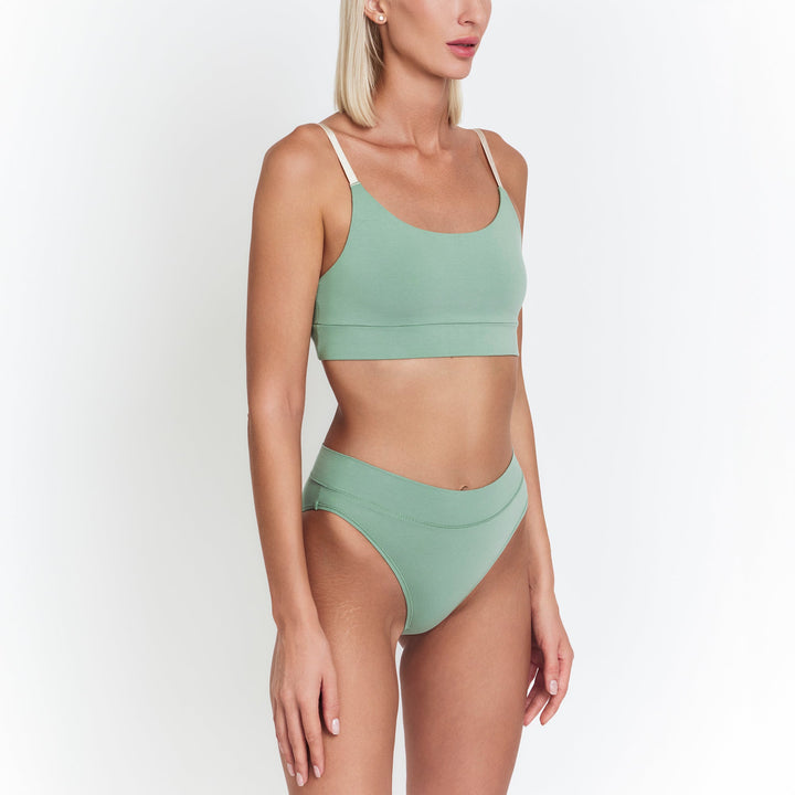 Mint green high-rise tanga underwear with cheeky cut and smooth front waistband