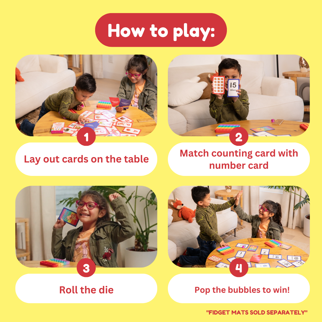 Instruction cards showing how to play with counting and number cards