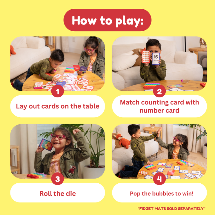 Instruction cards showing how to play with counting and number cards
