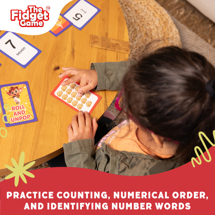 Child practicing counting with number-word cards on a tabletop