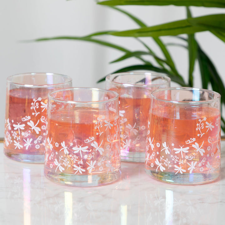 Set of 4 iridescent glass candle holders with white floral paw decals and orange wax