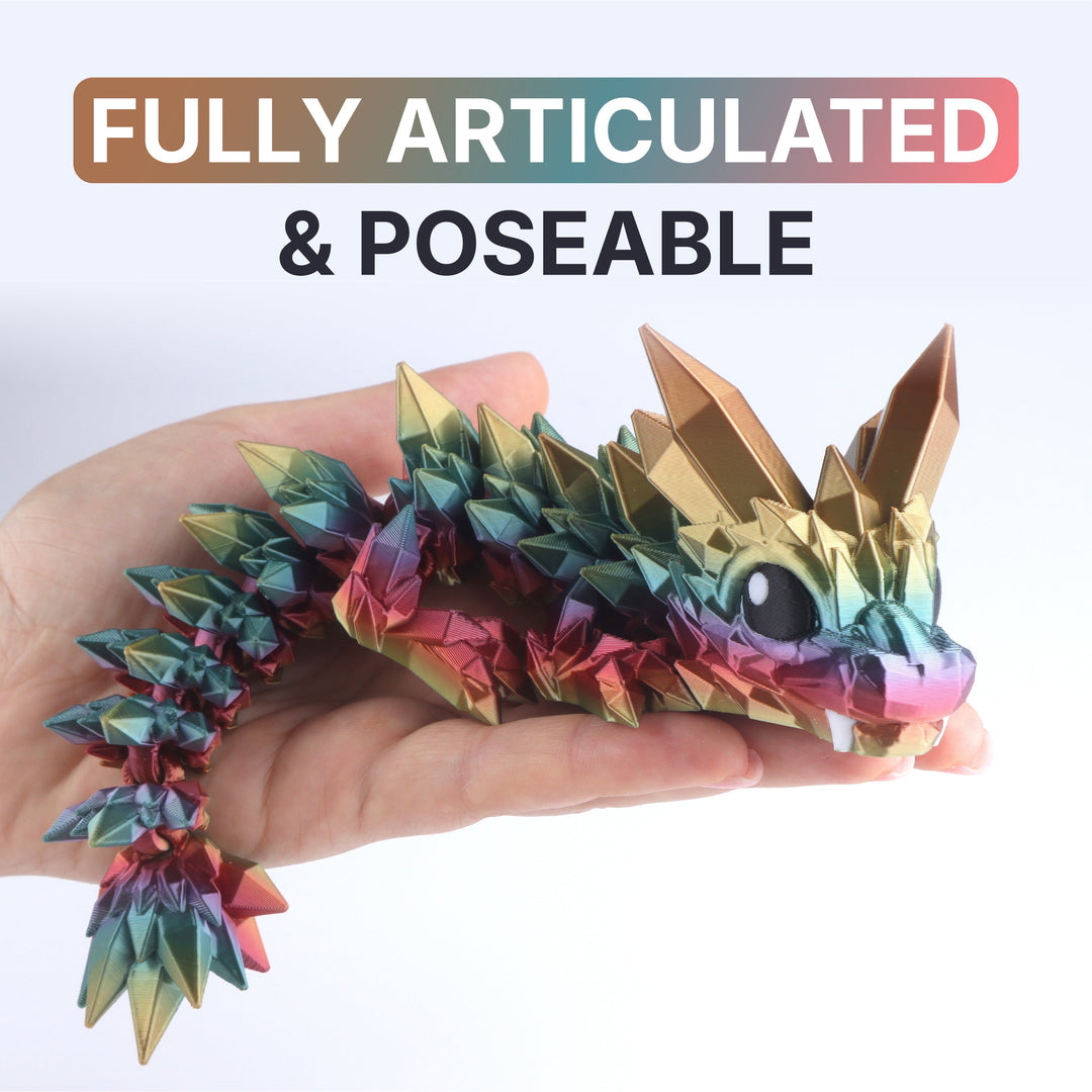 Articulated crystal baby dragon fidget toy, multicolor iridescent facets