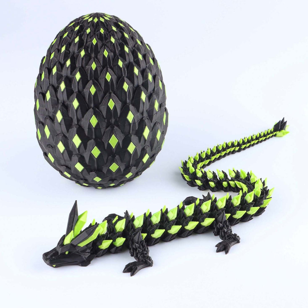 Articulated crystal dragon fidget toy with shiny black and neon green egg