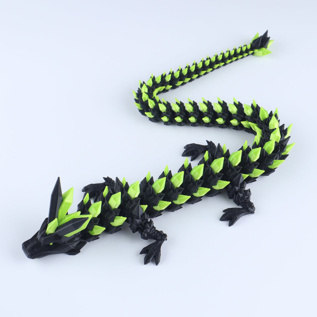 Articulated crystal dragon fidget toy with black and neon green color