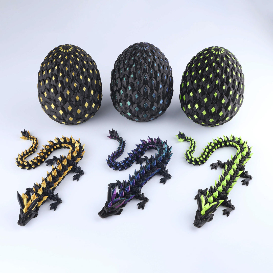 Shiny crystal dragon fidget toy set with textured egg shells and colorful articulated dragons