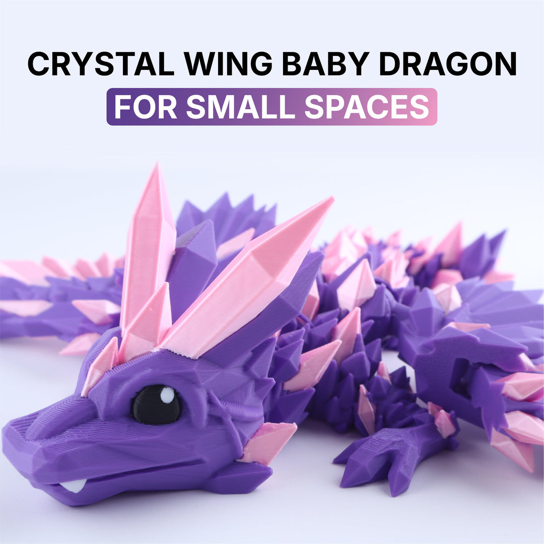 Close-up of purple crystal-wing baby dragon fidget toy with faceted head and eye