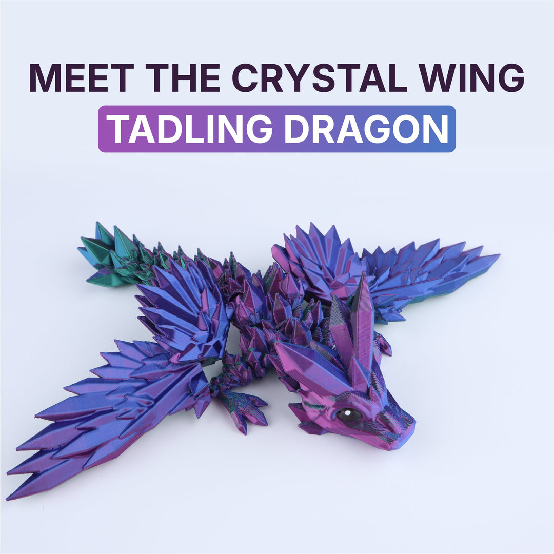 Crystal wing tadling dragon fidget toy, purple and blue iridescent crystal wings