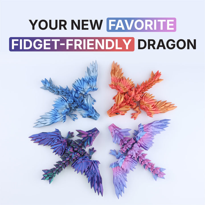 Crystal wing dragon fidget toy set, assorted red, blue, purple and orange dragons