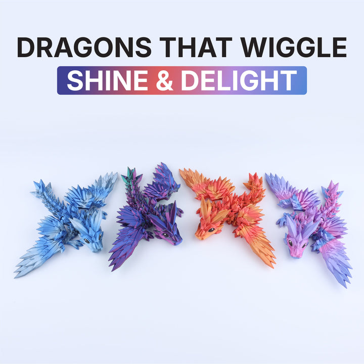 Crystal wing dragon fidget toy set, five iridescent dragons in mixed blue and orange