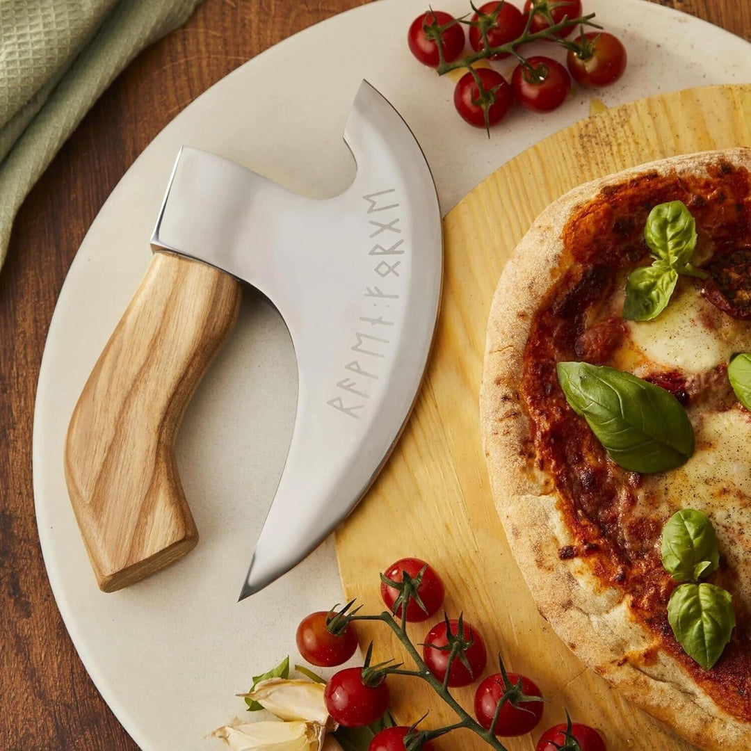 Custom Handmade Ax Pizza Cutter with 8" J2 Steel Blade and Hand-Engraved Ash Wood Handle