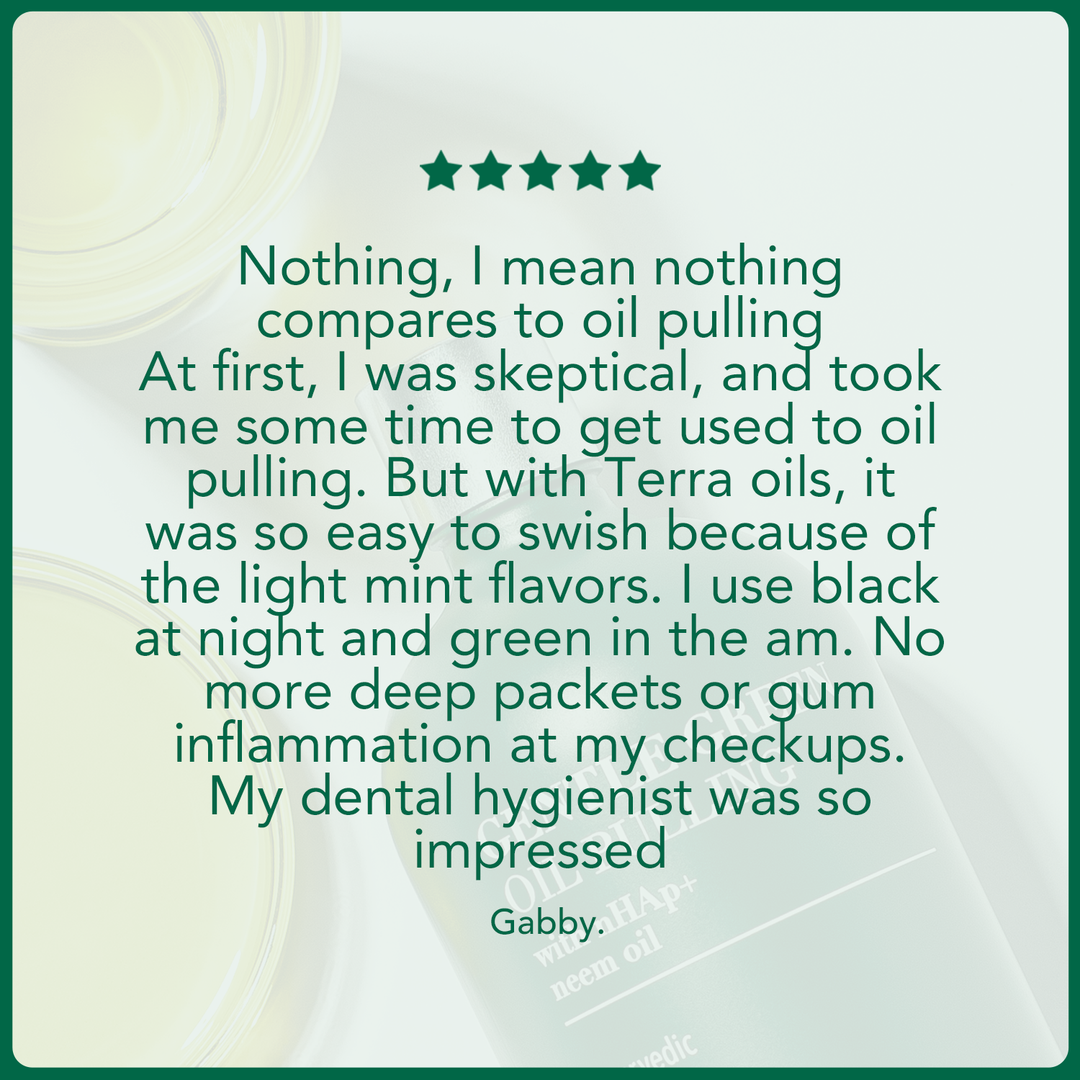Oil pulling set testimonial card with five-star rating