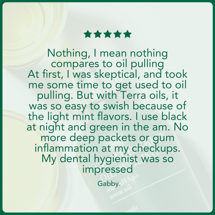 Oil pulling set testimonial card with five-star rating