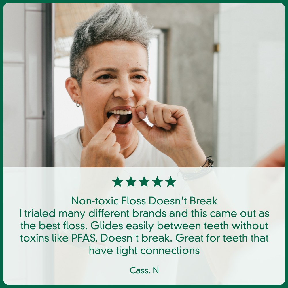 Dental floss review card with five stars and non-toxic, easy-glide claim