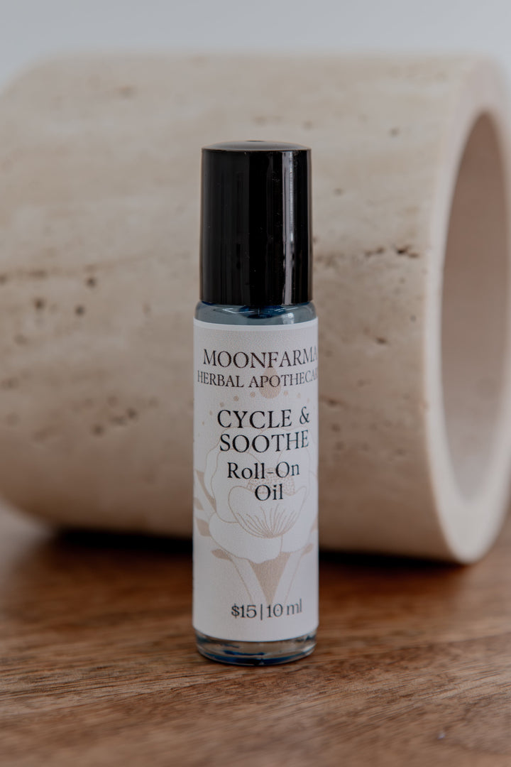 Moonfarm Herbal Apothecary Cycle &amp; Soothe roll-on oil bottle