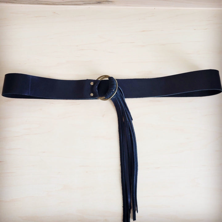 Black leather belt with adjustable ring buckle and long leather fringe ends