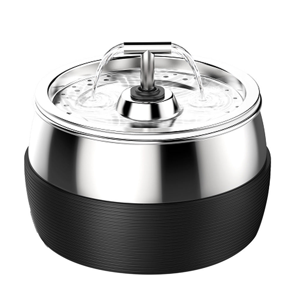 Stainless steel pet water dispenser with central nozzle and dark outer base