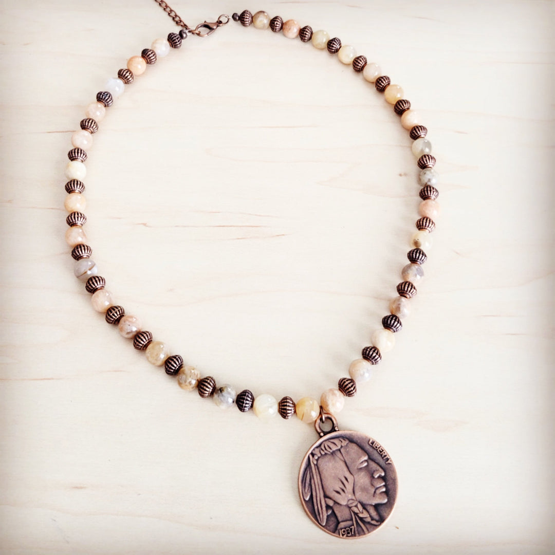 Agate bead choker necklace with round Indian head coin pendant and copper chain