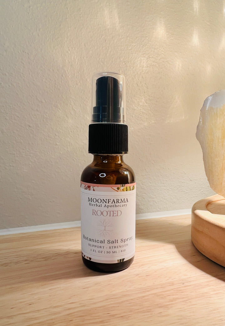 Moonfarma Rooted herbal salt spray bottle with black mist sprayer pump