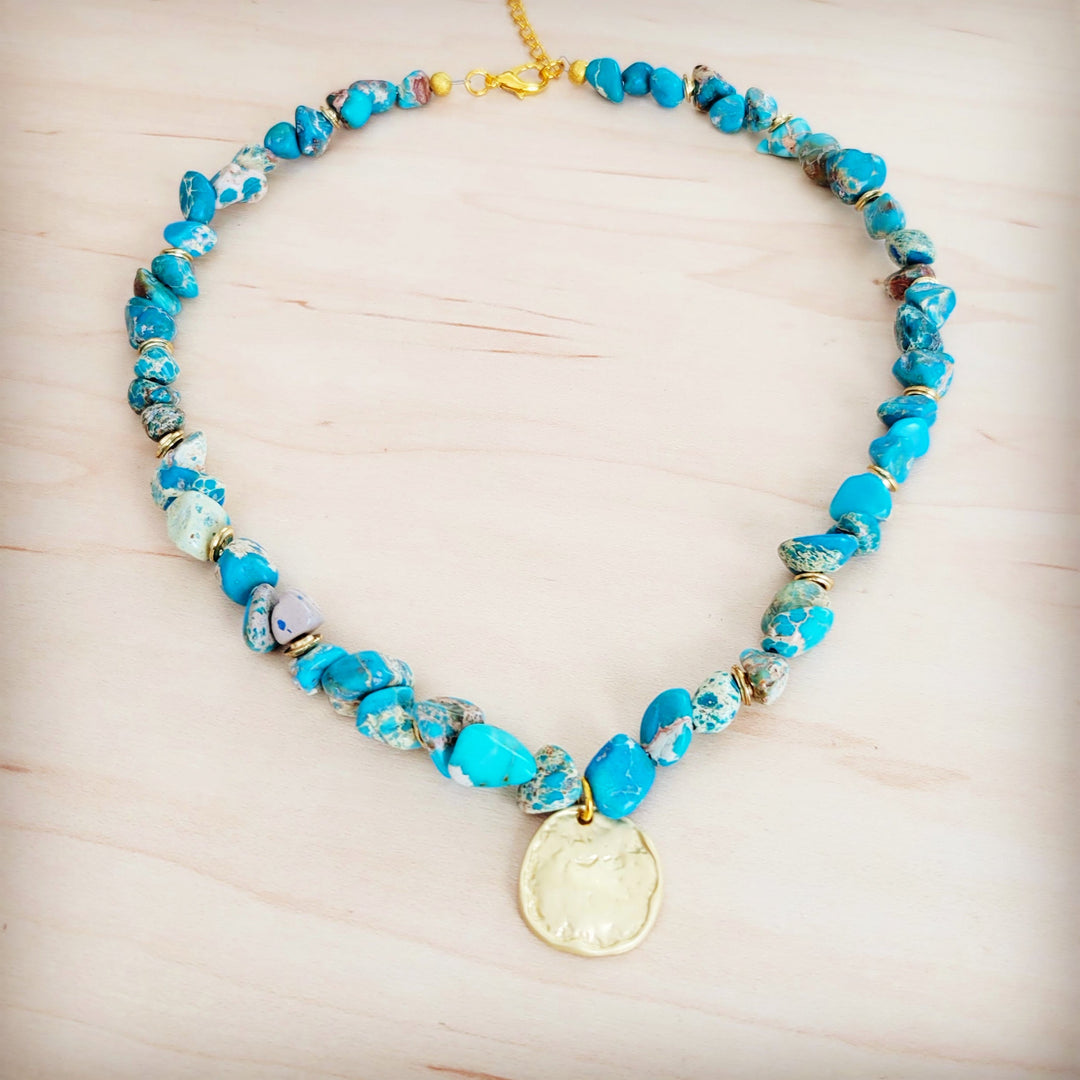 Turquoise beaded collar necklace with gold-toned coin charm and small spacer beads
