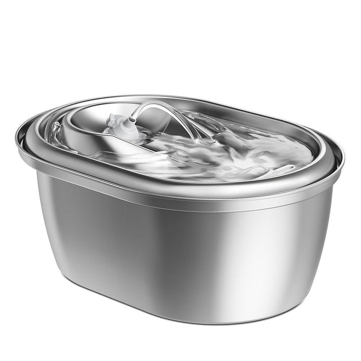 Stainless steel pet water dispenser with raised rim and open inner tray