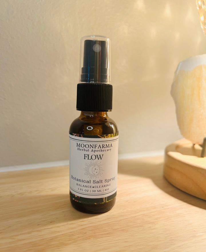 Moonfarma Flow herbal salt spray bottle with black mist sprayer pump