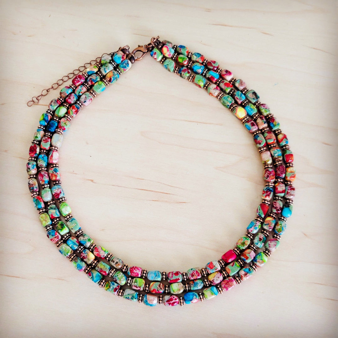 Triple-strand beaded boho necklace with rainbow mosaic beads and adjustable chain